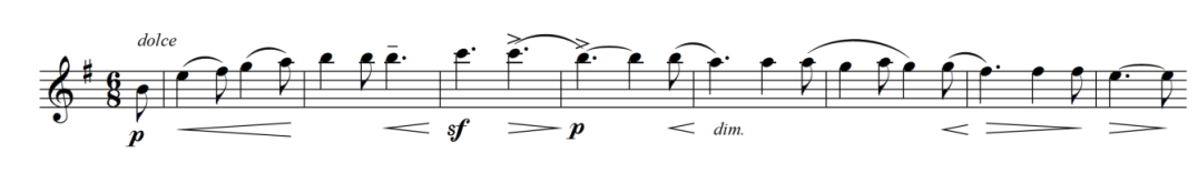 Notenlinie mit musikalischen Symbolen und Dynamikangaben wie p, sf und dim.